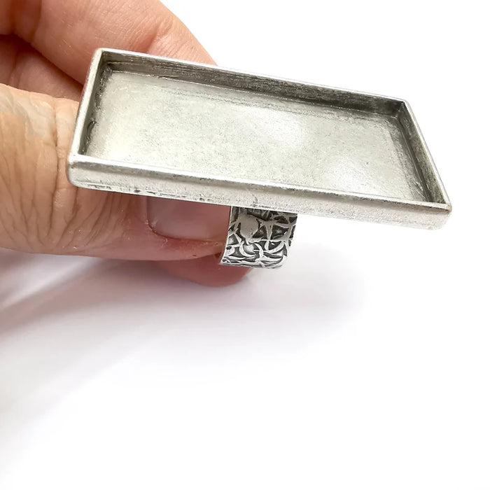 Big Rectangle Ring Blank Settings, Cabochon Mounting, Adjustable Antique Silver Resin Ring Base Bezel, Inlay Mosaic Epoxy (50x25mm) G34594