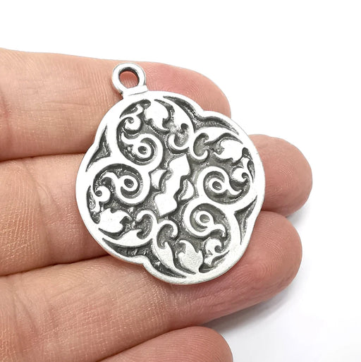 Branch, Disc Round Charms, Antique Silver Plated (41x35mm) G34595