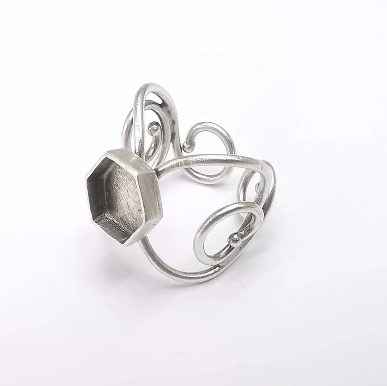Hexagon Ring Setting Resin Ring Blank Cabochon Mounting Adjustable Ring Base Bezel Antique Silver Plated Brass (10mm) G34697