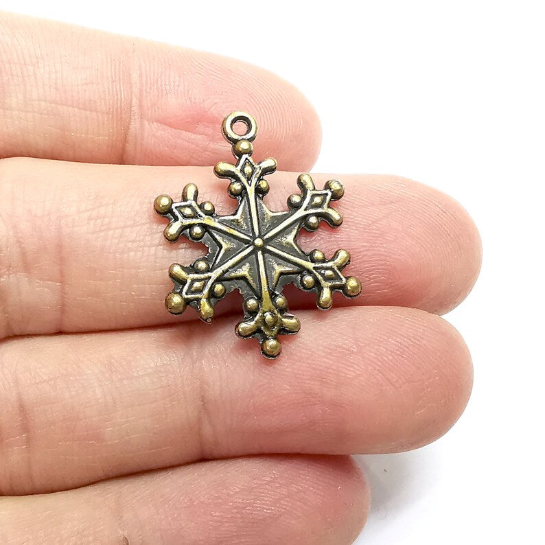2 Snow Flake Charms, Antique Bronze Plated Dangle Charms (28x21mm) G34699