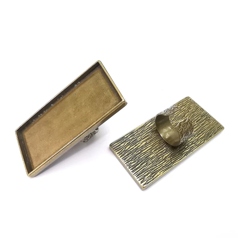 Big Rectangle Ring Blank Settings, Cabochon Mounting, Adjustable Antique Bronze Resin Ring Base Bezel, Inlay Mosaic Epoxy (64x30mm) G34605