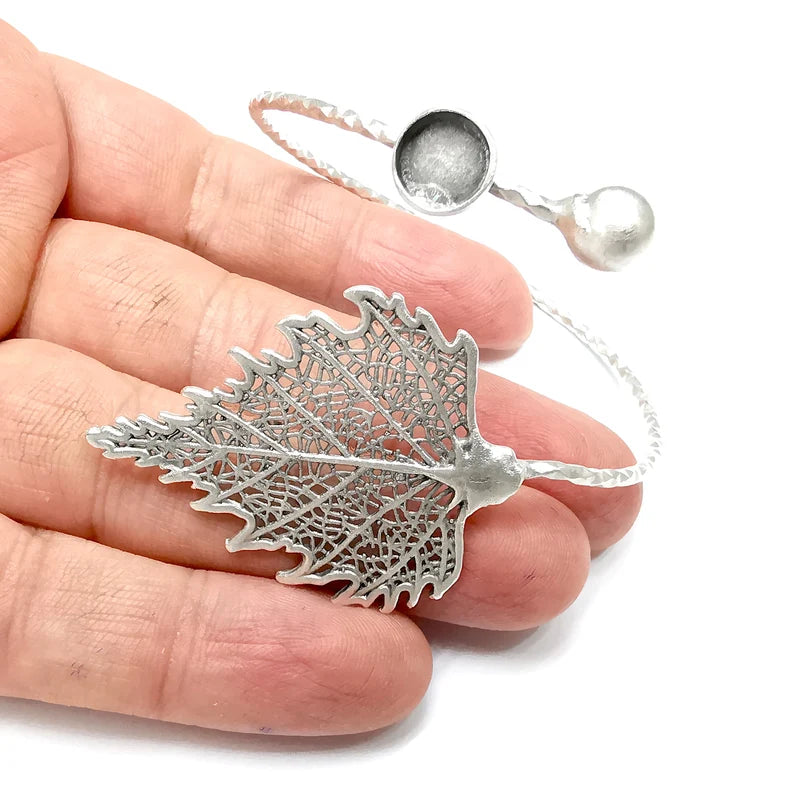 Leaf Bracelet Bezel Cuff Blank Resin Mountings Cabochon Base Setting Antique Silver Plated Brass Adjustable Bracelet Bezel (8mm) G34612