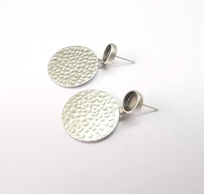 Hammered Round Earring Blank Base Antique Silver Plated Brass Earring Bezel (8mm cabochon bezel) (36x24mm) G34707