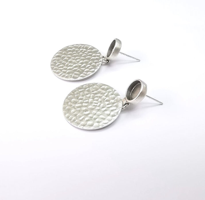 Hammered Round Earring Blank Base Antique Silver Plated Brass Earring Bezel (8mm cabochon bezel) (36x24mm) G34707