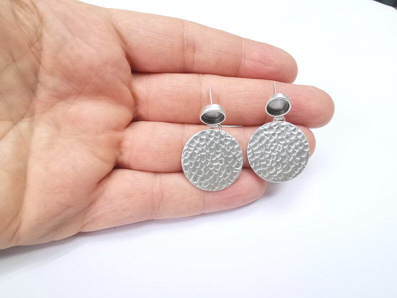 Hammered Round Earring Blank Base Antique Silver Plated Brass Earring Bezel (8mm cabochon bezel) (36x24mm) G34707
