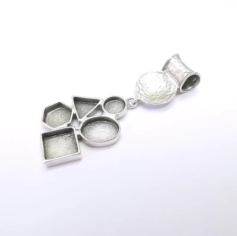 Geometric Pendant Blank Resin Bezel Mounting Cabochon Base Setting Antique Silver Plated Brass (63x25mm Blank) G34709