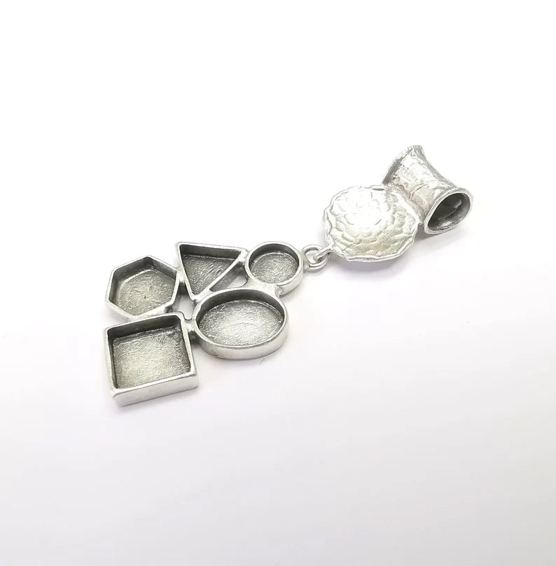 Geometric Pendant Blank Resin Bezel Mounting Cabochon Base Setting Antique Silver Plated Brass (63x25mm Blank) G34709