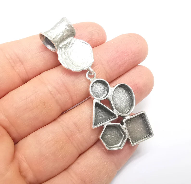 Geometric Pendant Blank Resin Bezel Mounting Cabochon Base Setting Antique Silver Plated Brass (63x25mm Blank) G34709