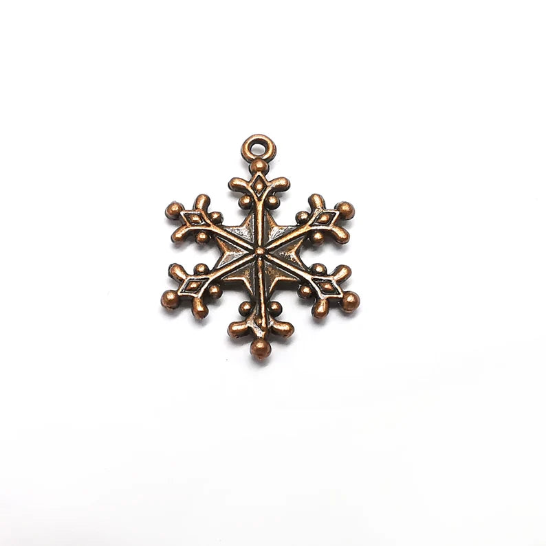 2 Snow Flake Charms, Antique Copper Plated Dangle Charms (28x21mm) G34717