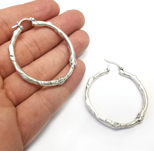 Organic Silver Hoop Earrings, Antique Silver Plated Hoop Earring, Findings (45mm) 1 Pair G34723
