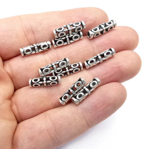5 Cylinder Filigree Tube Beads Antique Silver Plated Metal Beads (18x5mm) G34724