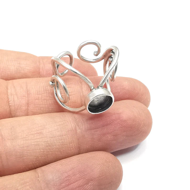 Round Ring Setting Resin Ring Blank Cabochon Mounting Adjustable Ring Base Bezel Antique Silver Plated Brass (8mm) G34729