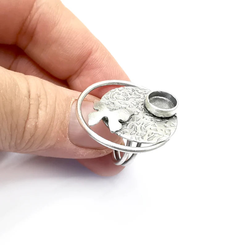 Butterfly Round Ring Setting Resin Ring Blank Cabochon Mounting Adjustable Ring Base Bezel Antique Silver Plated Brass (8mm) G34731