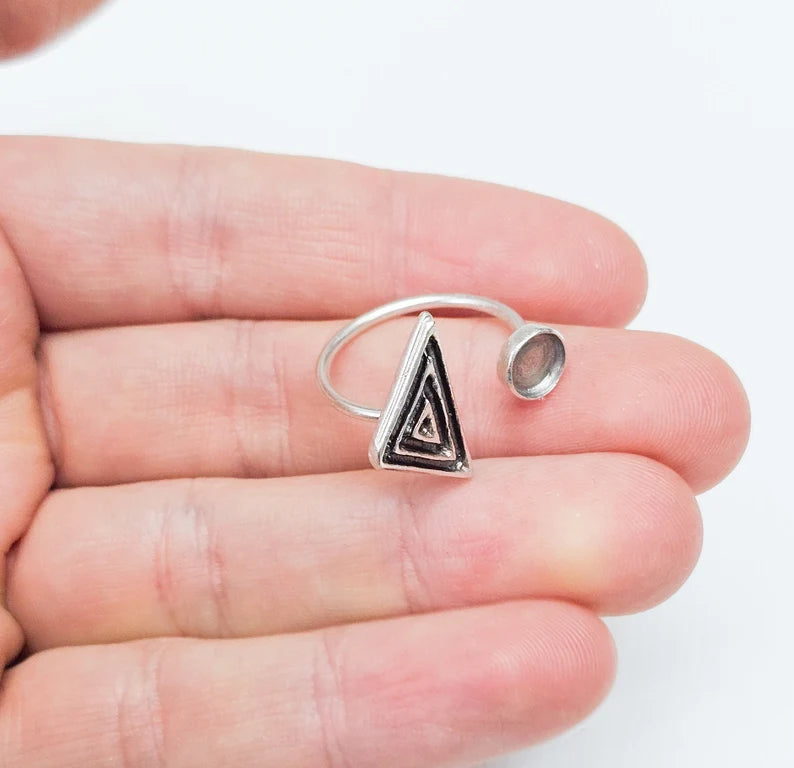 Triangle Ring Blank Settings, Cabochon Mounting, Adjustable Antique Silver Resin Ring Base Bezel, Inlay Mosaic Cabochon (6mm) G34630