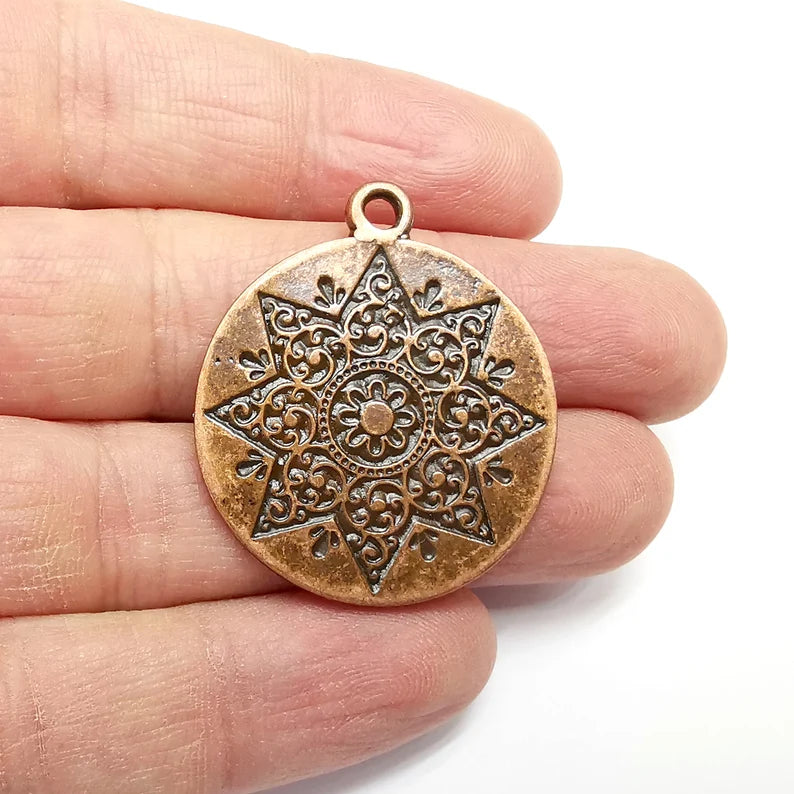 Flower Round Charms, Antique Copper Plated (38x32mm) G34750