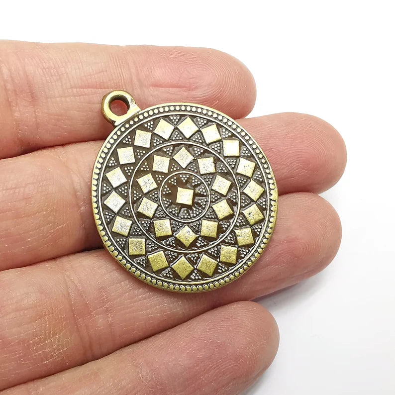 Disc Round Charms, Antique Bronze Plated (40x34mm) G34762