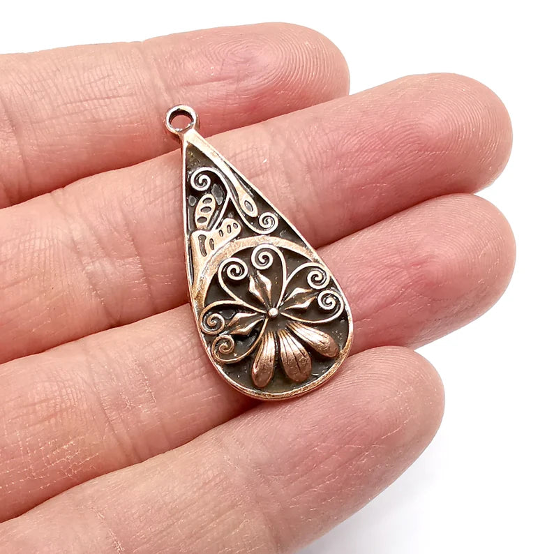 Flower, Drop Charms Antique Copper Plated Charms (39x18mm) G34770