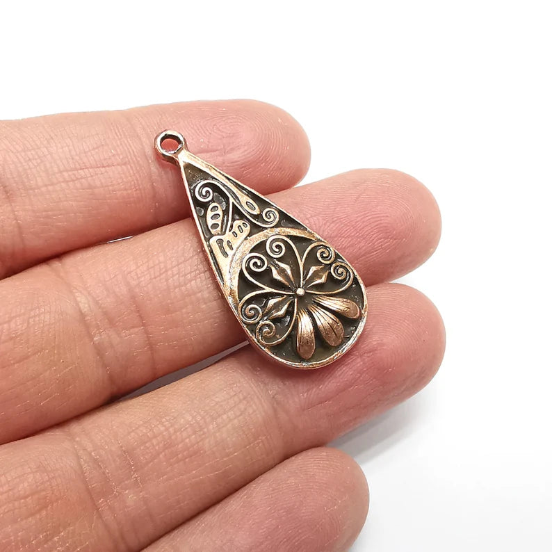 Flower, Drop Charms Antique Copper Plated Charms (39x18mm) G34770