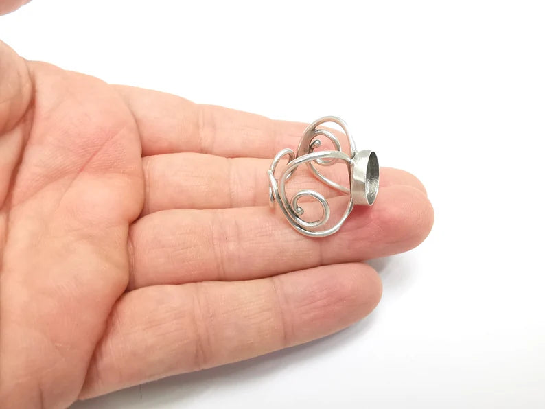 Round Ring Setting Resin Ring Blank Cabochon Mounting Adjustable Ring Base Bezel Antique Silver Plated Brass (12mm) G34777