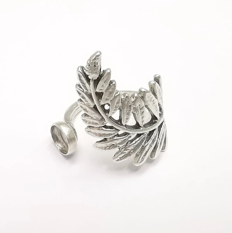 Fern Ring Setting Resin Ring Blank Cabochon Mounting Adjustable Dried Flower Ring Base Bezel Antique Silver Plated Brass (6mm) G34778