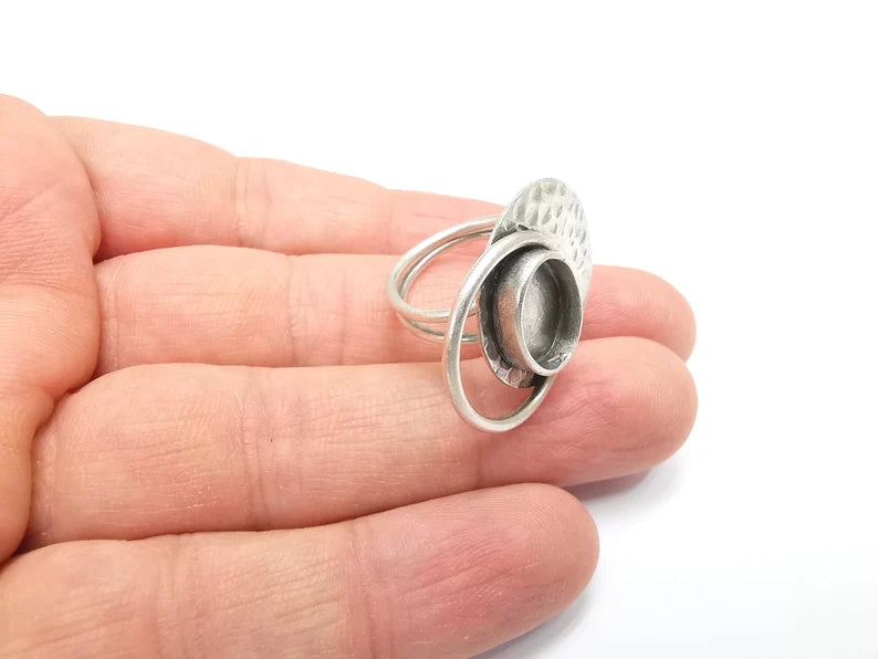 Oval Ring Setting Resin Ring Blank Cabochon Mounting Adjustable Ring Base Bezel Antique Silver Plated Brass (14x10mm) G34781