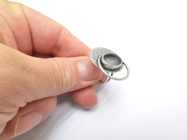 Oval Ring Setting Resin Ring Blank Cabochon Mounting Adjustable Ring Base Bezel Antique Silver Plated Brass (14x10mm) G34781