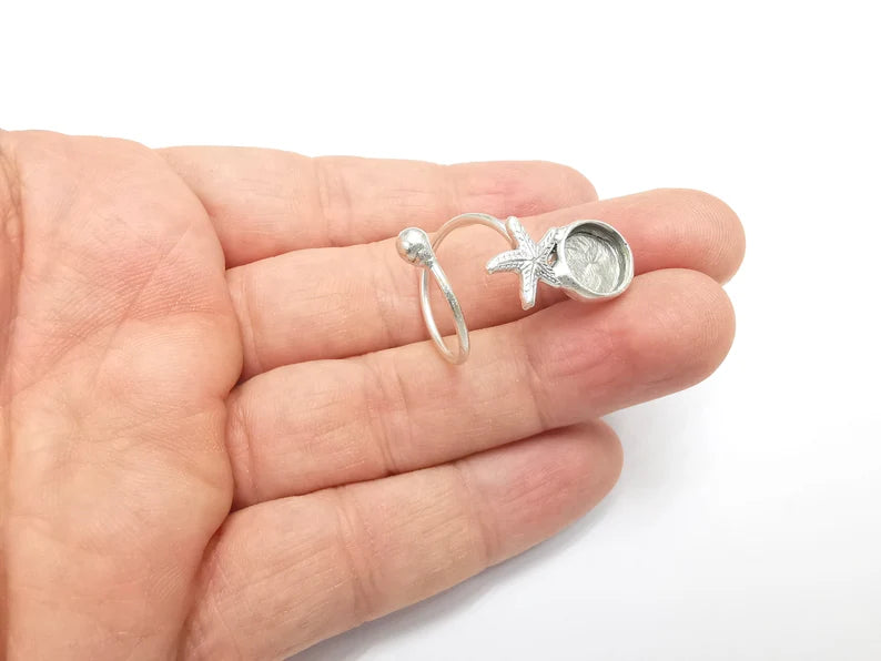 Starfish Ring Setting Resin Ring Blank Cabochon Mounting Adjustable Dried Flower Ring Base Bezel Antique Silver Plated Brass (10mm) G34782