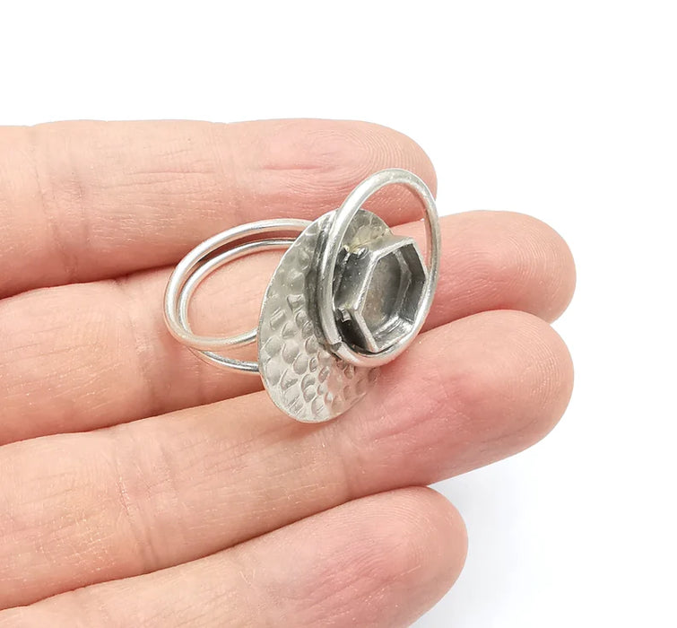 Hexagon Ring Setting Resin Ring Blank Cabochon Mounting Adjustable Ring Base Bezel Antique Silver Plated Brass (10mm) G34786
