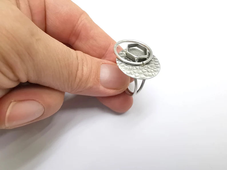 Hexagon Ring Setting Resin Ring Blank Cabochon Mounting Adjustable Ring Base Bezel Antique Silver Plated Brass (10mm) G34786