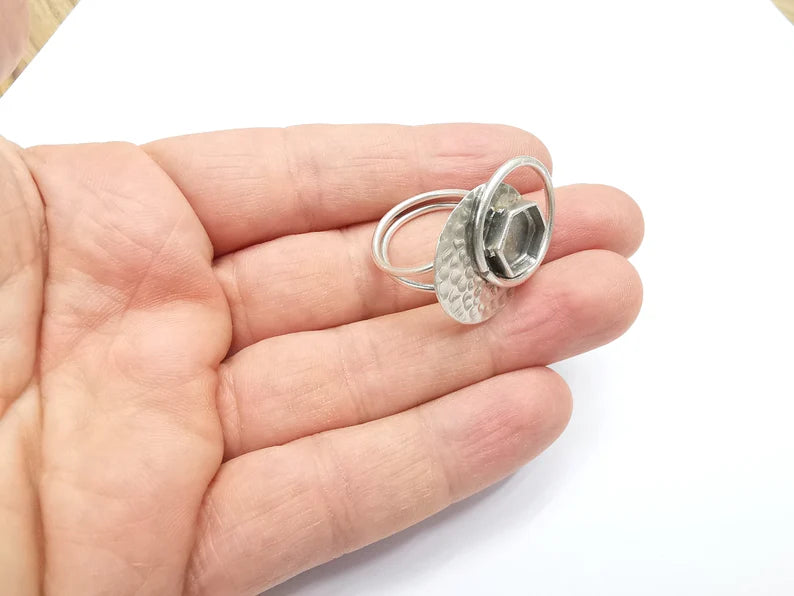 Hexagon Ring Setting Resin Ring Blank Cabochon Mounting Adjustable Ring Base Bezel Antique Silver Plated Brass (10mm) G34786
