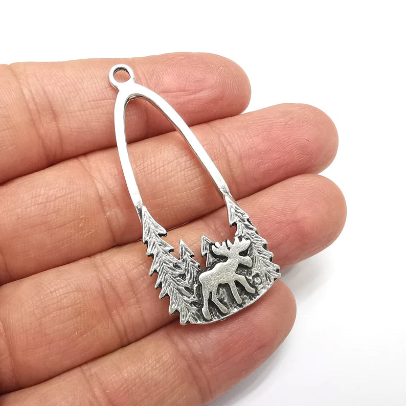 Moose Forest Charms, Antique Silver Plated Charms (54x24mm) G34795