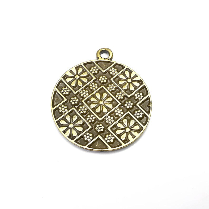 Flower Round Charms, Antique Bronze Plated (39x33mm) G34669