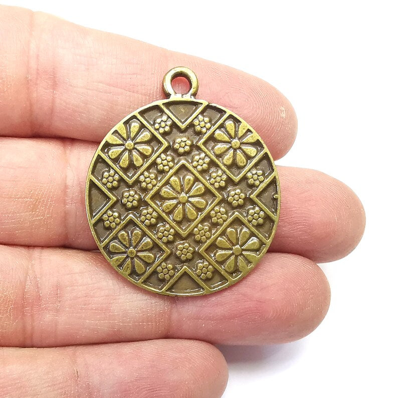 Flower Round Charms, Antique Bronze Plated (39x33mm) G34669