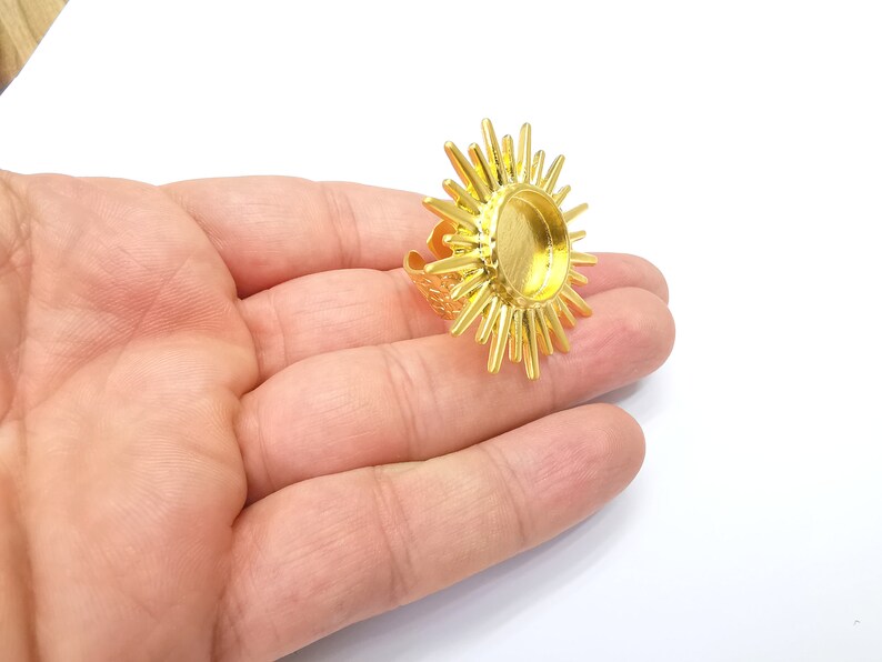 Sun Ring Blank Settings, Cabochon Mounting, Adjustable Gold Plated Resin Ring Base Bezel, Inlay Mosaic Epoxy (16mm) G34679