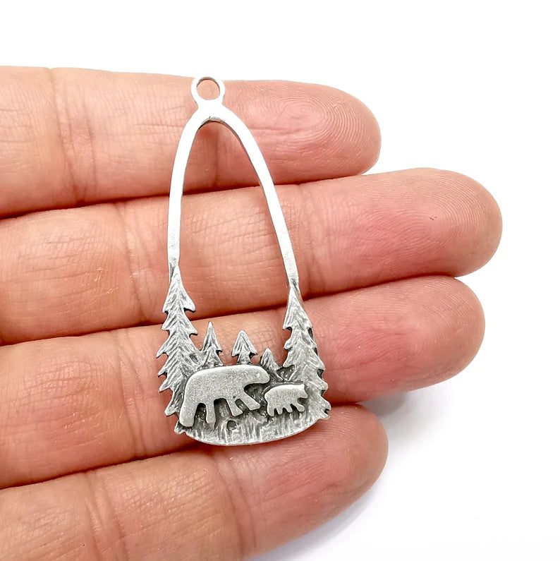 Polar Bear Charms, Bear Forest Charms, Antique Silver Plated Charms (54x24mm) G34799