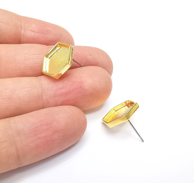 Gold Hexagon Blank Earring Bezel Set Base Shiny Gold Plated Brass Earring Stud Base (12mm blank) G34680