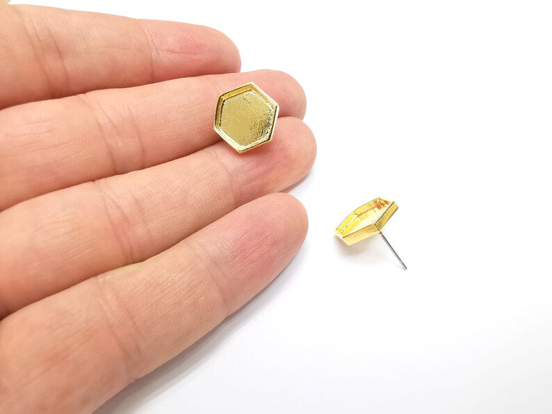 Gold Hexagon Blank Earring Bezel Set Base Shiny Gold Plated Brass Earring Stud Base (12mm blank) G34680