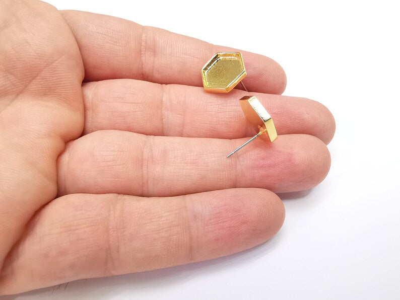 Gold Hexagon Blank Earring Bezel Set Base Shiny Gold Plated Brass Earring Stud Base (12mm blank) G34680