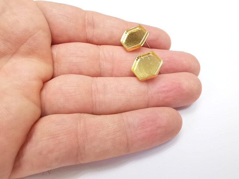 Gold Hexagon Blank Earring Bezel Set Base Shiny Gold Plated Brass Earring Stud Base (12mm blank) G34680