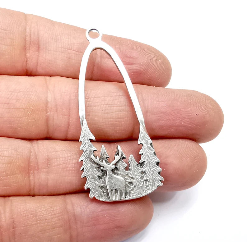 Deer Charms, Forest Charms, Antique Silver Plated Charms (54x24mm) G34806