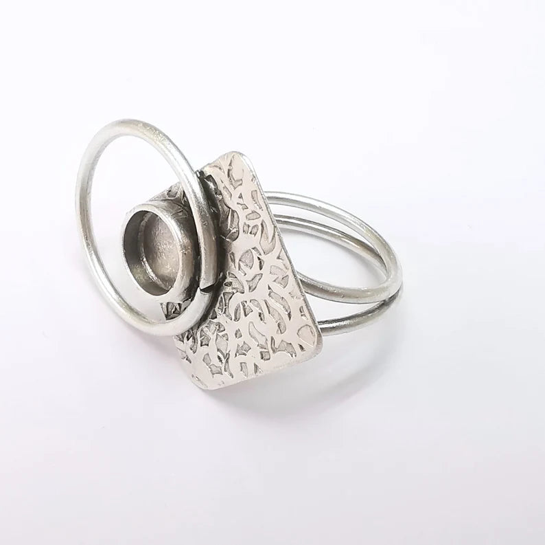 Square Circle Ring Setting Resin Ring Blank Cabochon Mounting Adjustable Ring Base Bezel Antique Silver Plated Brass (8mm) G34696