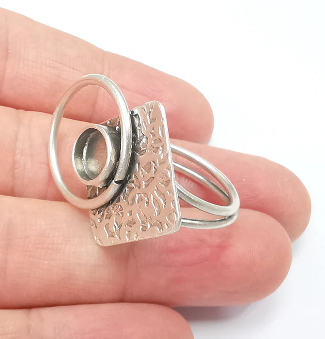 Square Circle Ring Setting Resin Ring Blank Cabochon Mounting Adjustable Ring Base Bezel Antique Silver Plated Brass (8mm) G34696