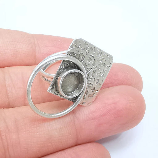 Square Circle Ring Setting Resin Ring Blank Cabochon Mounting Adjustable Ring Base Bezel Antique Silver Plated Brass (8mm) G34696