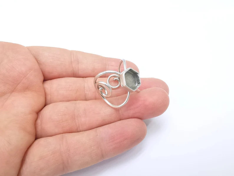 Hexagon Ring Setting Resin Ring Blank Cabochon Mounting Adjustable Ring Base Bezel Antique Silver Plated Brass (10mm) G34697