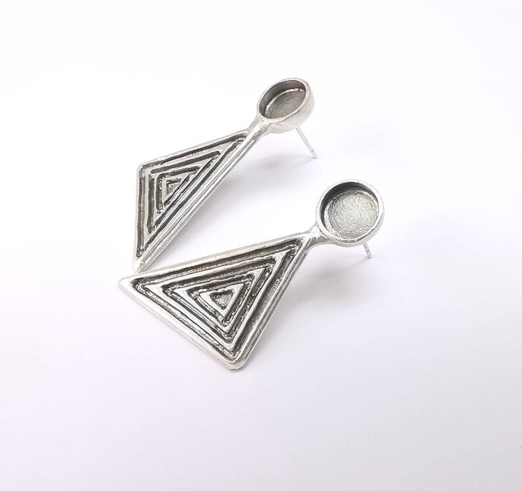 Triangle Silver Earring Blank Base Antique Silver Plated Brass Earring Bezel (8mm cabochon bezel) (41x18mm) G34705