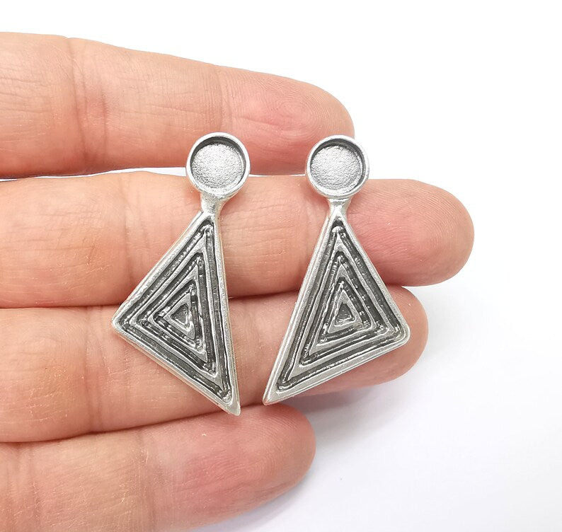 Triangle Silver Earring Blank Base Antique Silver Plated Brass Earring Bezel (8mm cabochon bezel) (41x18mm) G34705