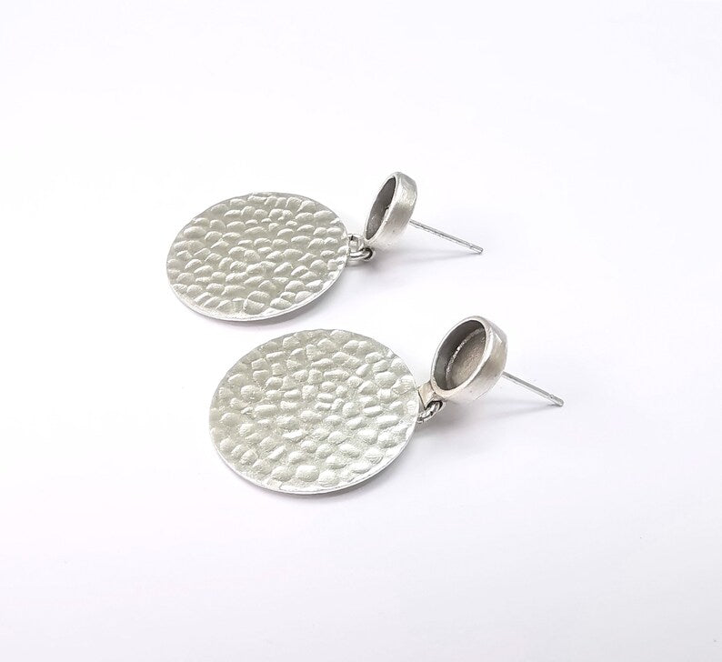 Hammered Round Earring Blank Base Antique Silver Plated Brass Earring Bezel (8mm cabochon bezel) (36x24mm) G34707