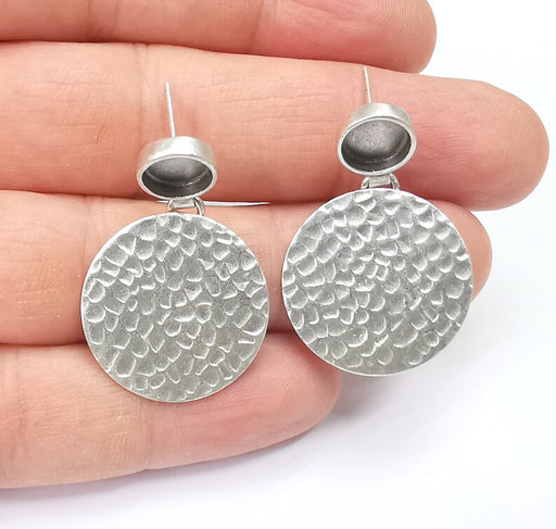 Hammered Round Earring Blank Base Antique Silver Plated Brass Earring Bezel (8mm cabochon bezel) (36x24mm) G34707