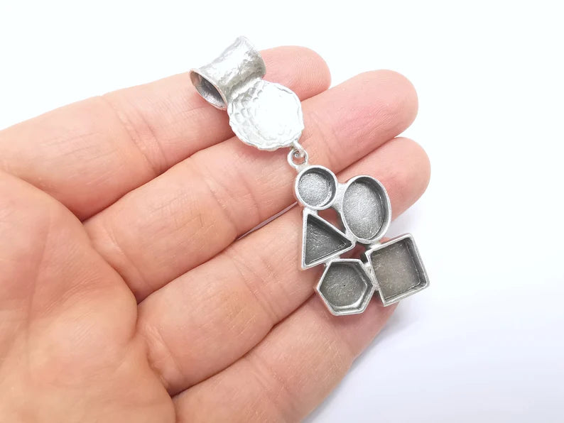 Geometric Pendant Blank Resin Bezel Mounting Cabochon Base Setting Antique Silver Plated Brass (63x25mm Blank) G34709
