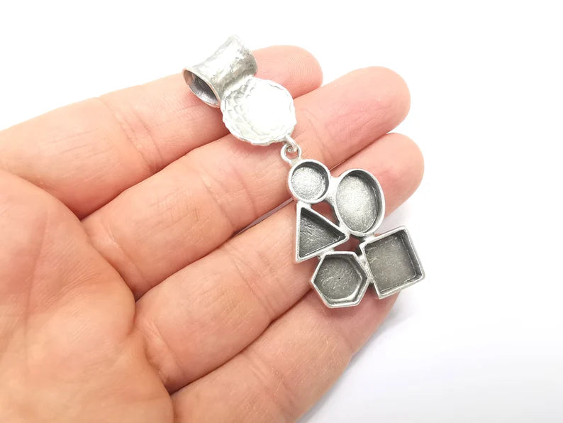 Geometric Pendant Blank Resin Bezel Mounting Cabochon Base Setting Antique Silver Plated Brass (63x25mm Blank) G34709